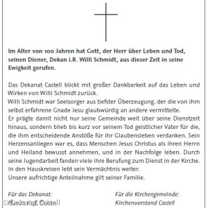 Traueranzeige Dekan i.R. Willi Schmidt